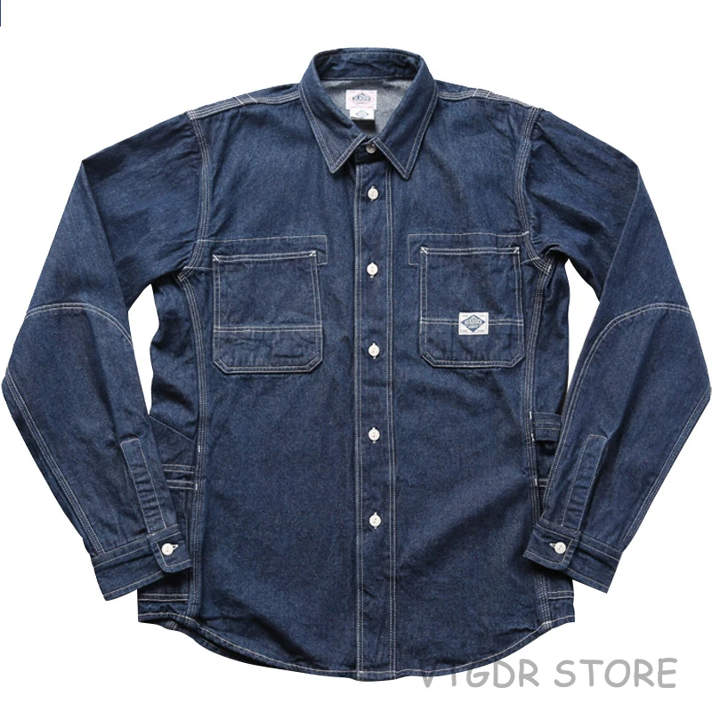 8,5 унций джинсовая Инженерная Рабочая Рубашка синяя Ретро Мужская Повседневная джинсовая рубашка с длинным рукавом