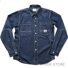 8,5 унций джинсовая Инженерная Рабочая Рубашка синяя Ретро Мужская Повседневная джинсовая рубашка с длинным рукавом