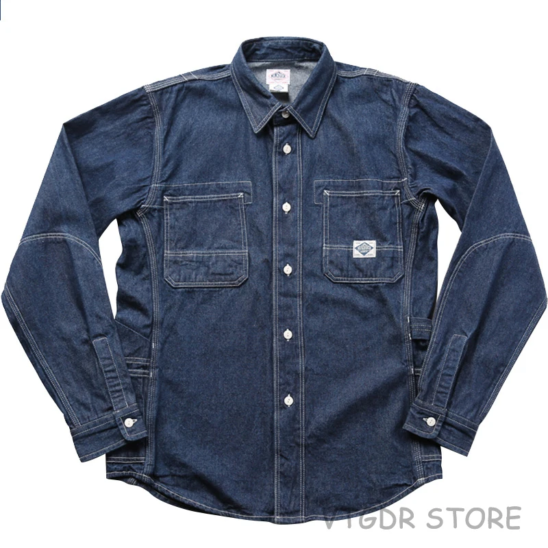 Non Stock 8.5oz Denim Engineer Work Shirt Blue Retro Long Sleeve Men's Casual Jean Shirt