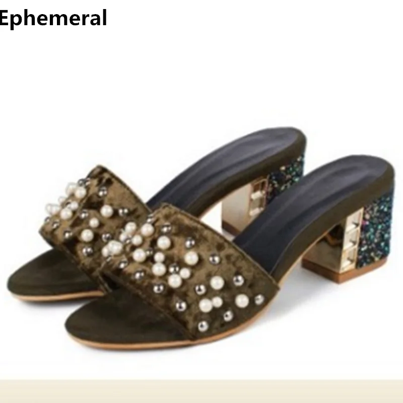 

Women crystal high heels shoes pumps bling flock slippers with square heel open toe plus size 43-3 navy black red 2018 fashions