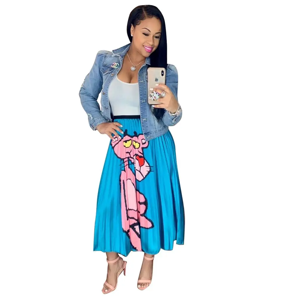 

Cartoon printing fashion skirt female summer 2019 new ins satin pleated skirt A word long skirt female wild high street skirt