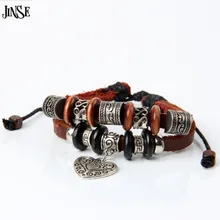 JINSE 100% Real Leather Bracelet & Bangle Flower Heart Wood Bead Charms Bracelets Women Fashion Jewelry PSL212