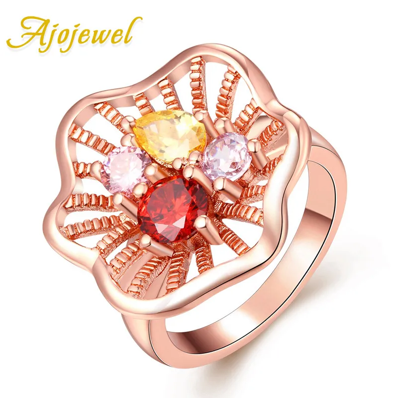 

Ajojewel Rose Gold Color Zirconia Woman Ring Size 8 Hollow Out Flower Cocktail Rings For Women Luxury Jewelry Wholesale