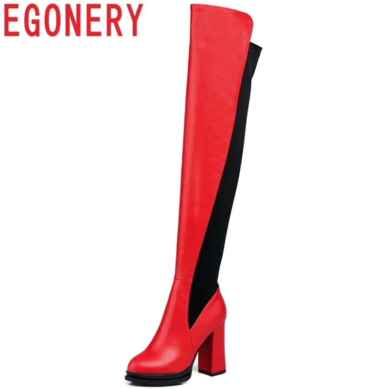 

EGONERY 2018 winter newest round toe women shoes 10 cm square heel platform boots slip-on fashion mixed colors knee high boots