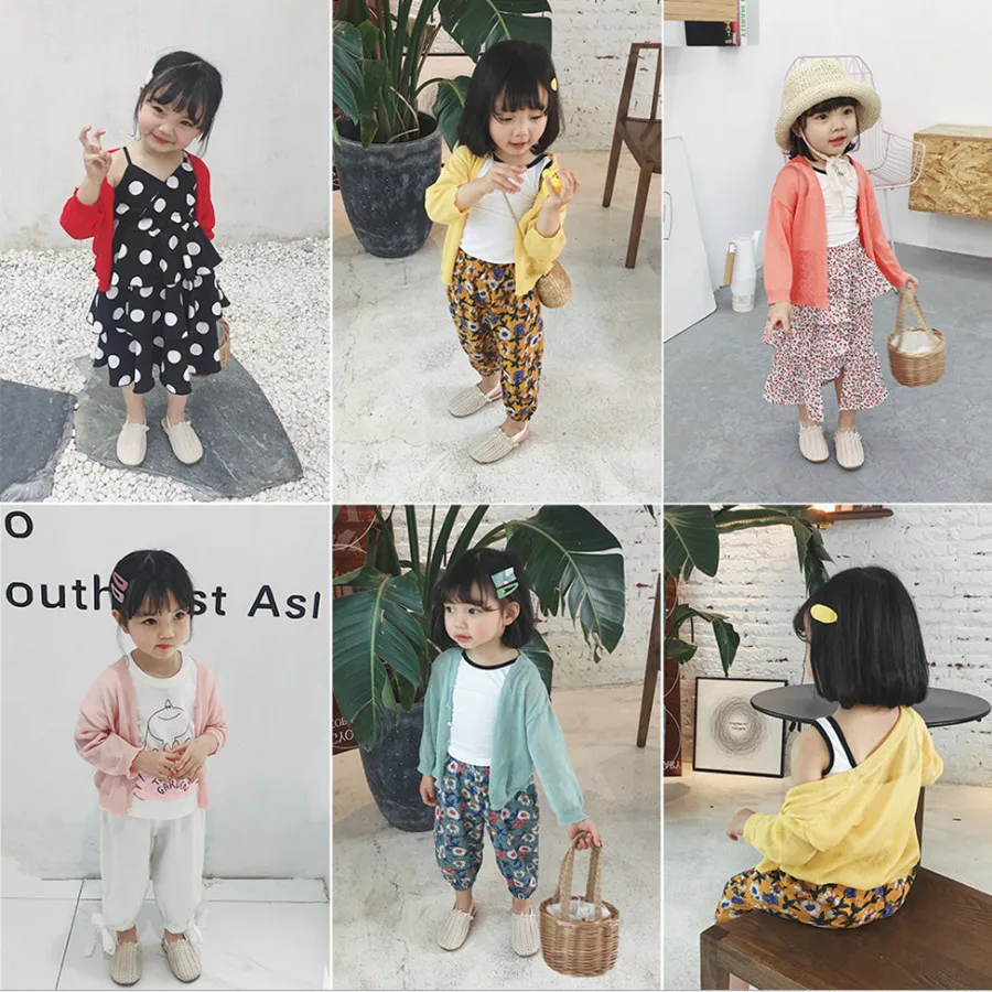 

Korean Girls Children Solid Linen Knitted Cardigan 2019 Summer Kids Girls Soft Iced Silk Thin Cardigan Coat