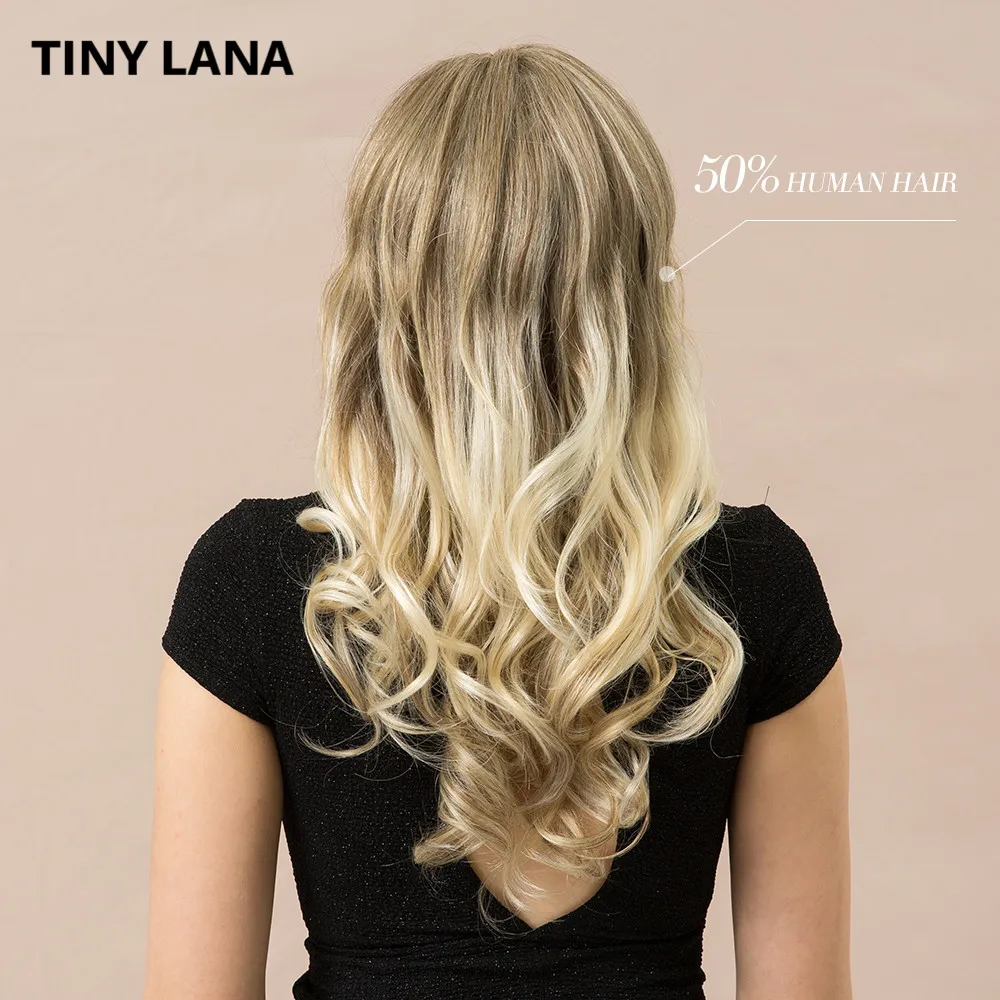 Крошечный синтетический парик Lana, 24 дюйма, натуральная волна, с челкой, 50% человеческие волосы, темный корень, Омбре, блонд, для женщин, смешанный парик с мягкими волосами