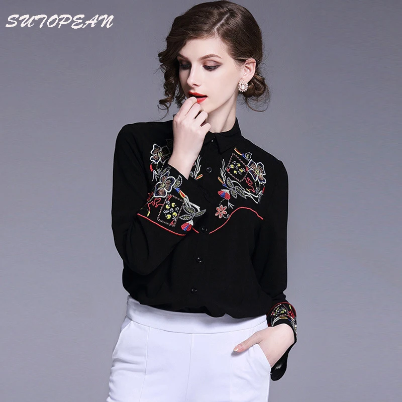 

Sutopean 2018 New Fashional Women's Long Sleeve Embroidery Shirts OL Comfortable Quality Fabrics Black Shirt for Women Camisas
