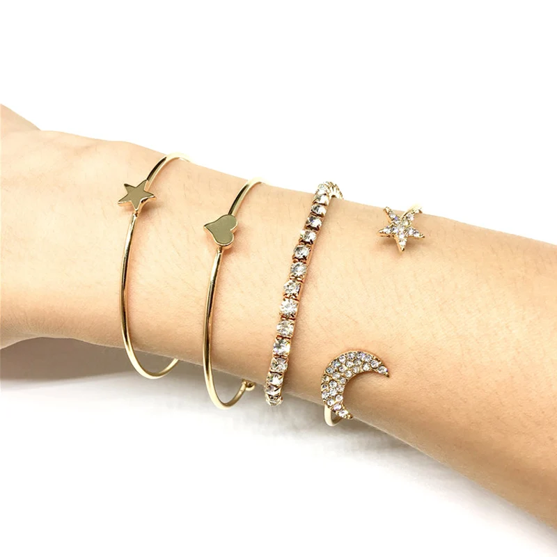 

Classic Five-Pointed Stars Moon Crystal Gem Multilayer Adjustable Open Bracelet Set Women Fashion Party Jewelry Gift