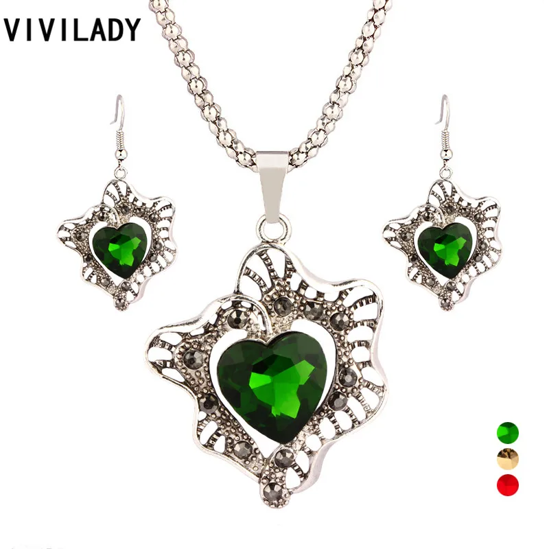 VIVILADY Ethnic Trendy Heart Crystal Engagement Jewelry Sets Women New Tibetan Silver Color Rhinestone Necklaces Earrings Gifts | Украшения