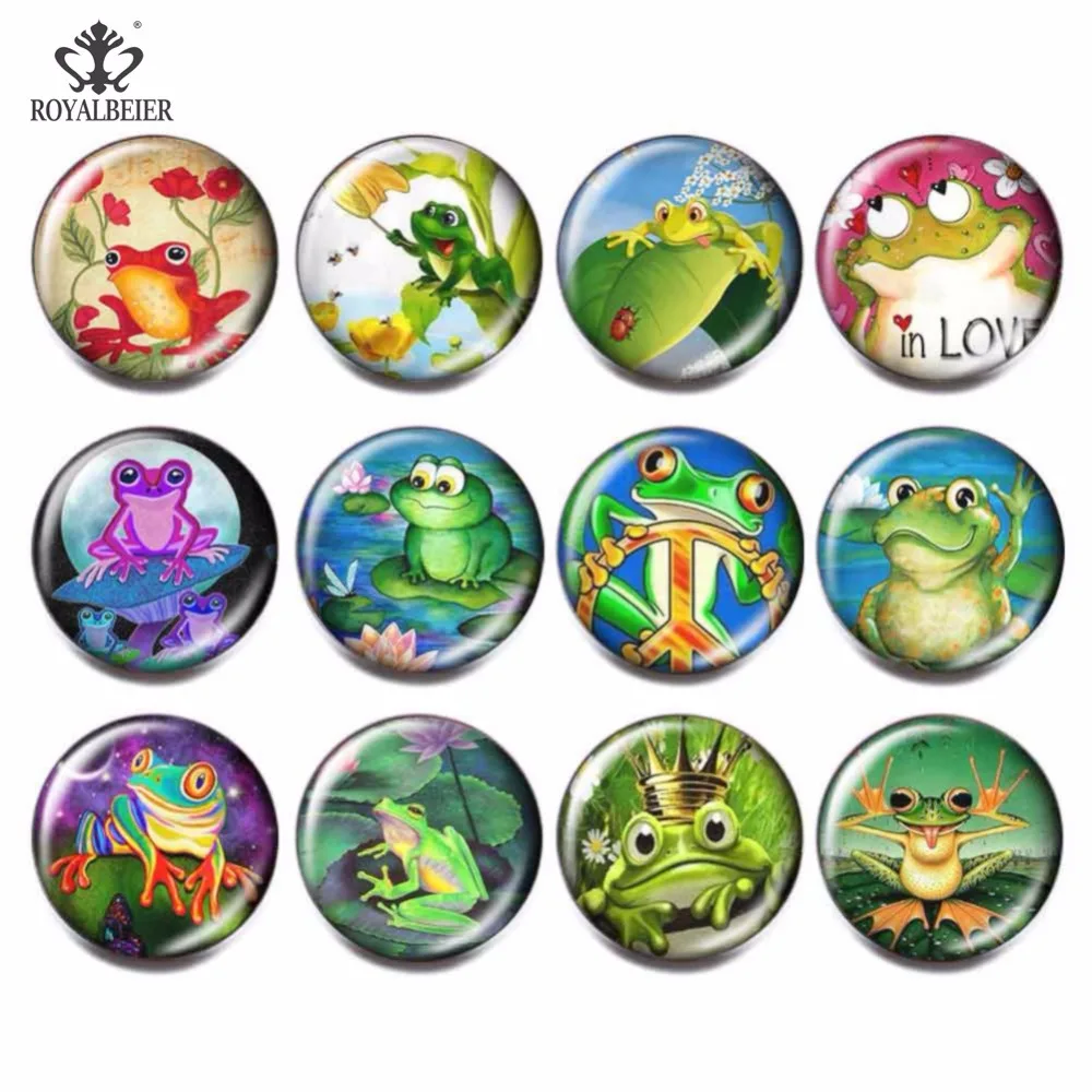 

ROYALBEIER 12pcs/lot Mix Frog Patterns Glass Beads Fit 18mm Snap Button DIY Women Charm Bead For Bracelets Jewelry Making KG0030