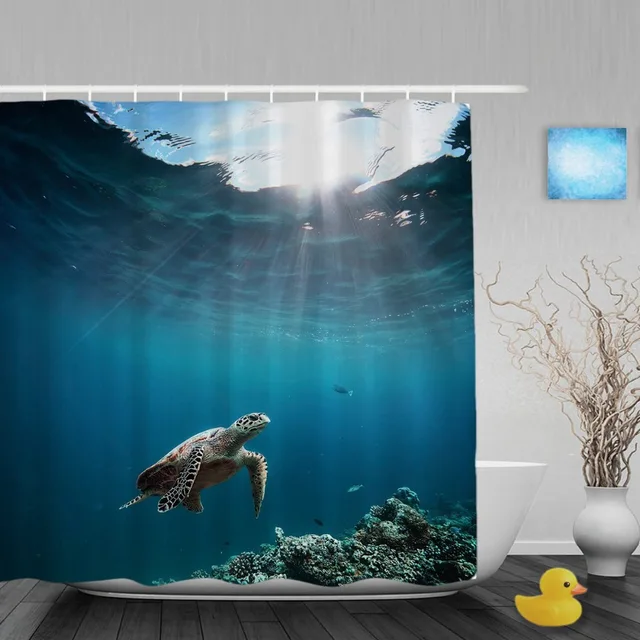 Sea Turtle Floating Over Ocean Bathroom Shower Curtain Marine life