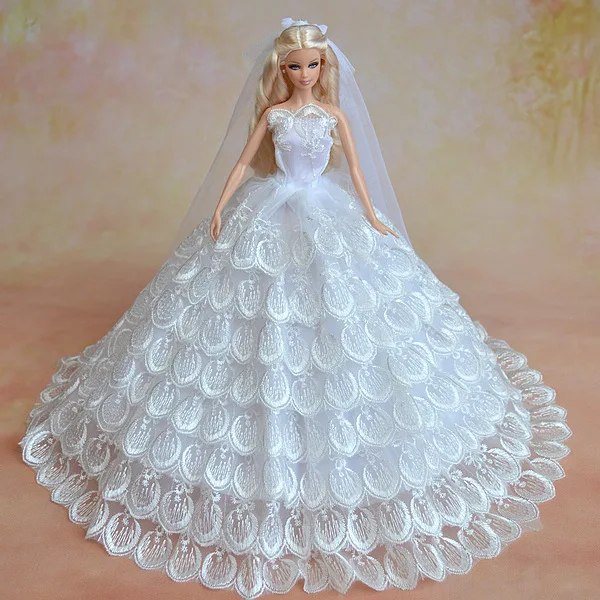 1545 Robe Voile Golovedentelle De Luxe Grande Mariée Blanche Robe De Soirée De Mariage Mode Tenue Vêtements Accessoires Pour Poupée Barbie