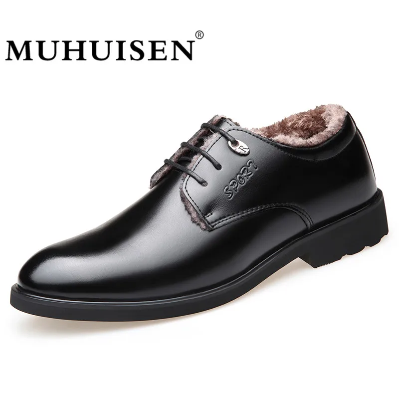 

MUHUISEN Men Flats Fashion Warm Casual Shoes Lace-Up Business Leather Oxfords Shoes Fur Waterproof Work Shoes Mens Winter Autumn