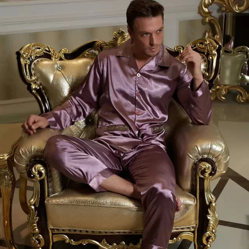 2020 Brand Men Pajamas Sexy Satin Silk Pajama Pants Sets Embroidery Long-Sleeve Pyjama Lounge Sets Casual Sleepwear X1529 2020 Brand Men Pajamas Sexy Satin Silk Pajama Pants Sets Embroidery Long-Sleeve Pyjama Lounge Sets Casual Sleepwear X1529