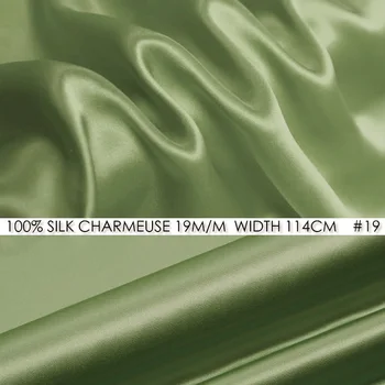 

100% SILK CHARMEUSE SATIN 114cm width 19mommes Pure Mulberry Silk Fabric/China Wedding Dress Fabric Suppliers Light Olive NO 19