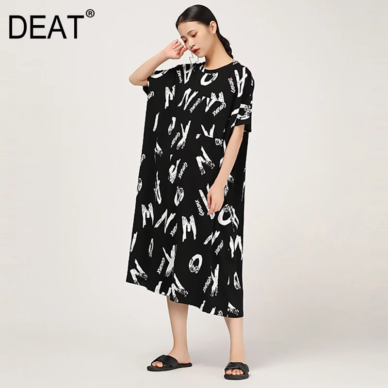 

[DEAT] 2019 New Spring Summer Round Neck Short Sleeve Pattern Printed Loose Big Size Oversize Long Dress Women Fashion JT38