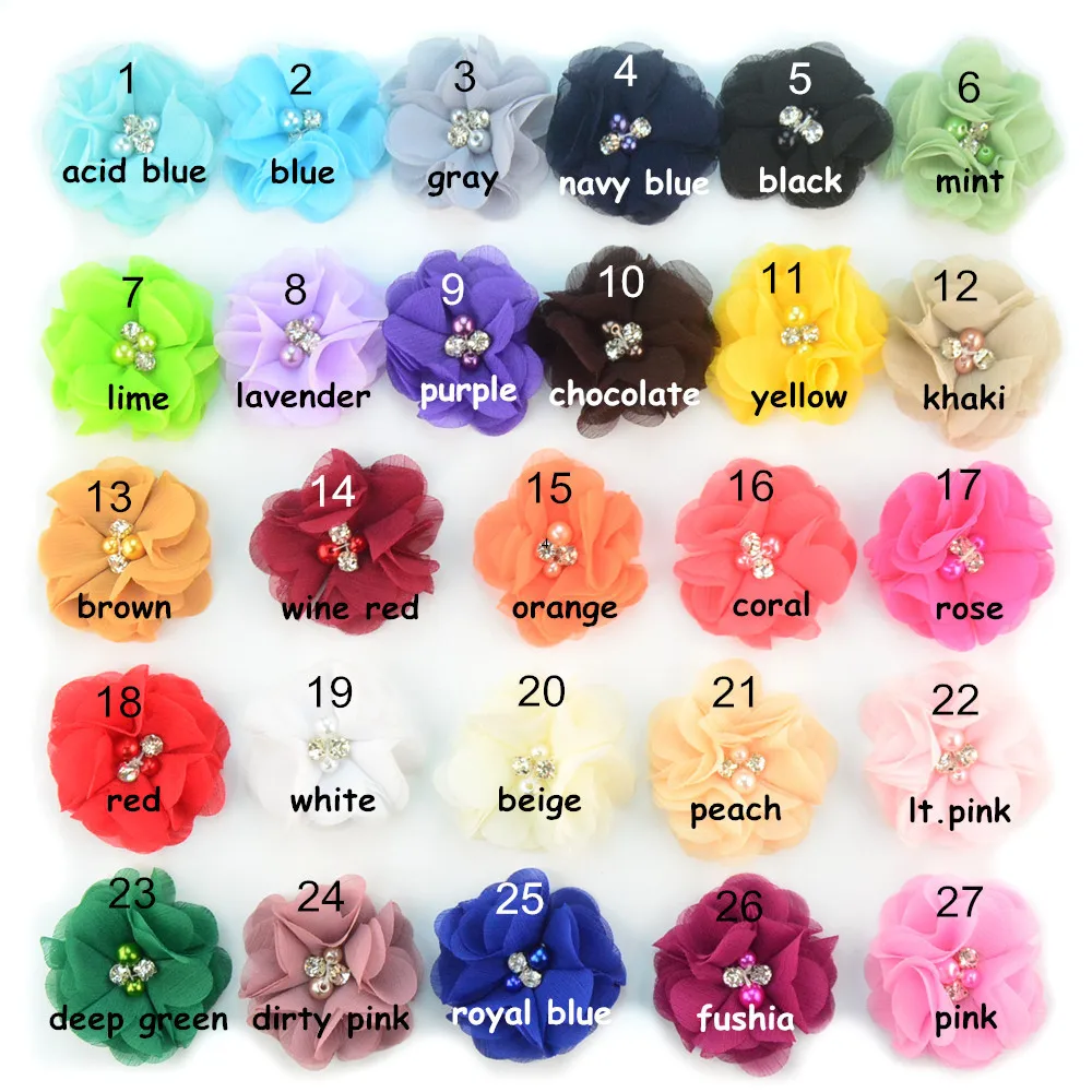 

27pcs 2" DIY headband Flowers Chiffon flower with rhinestone pearl for Baby girls headband accessories 27colors XJOF34