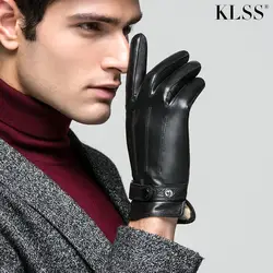 KLSS из брендовой натуральной кожи Для мужчин перчатки осень-зима плюс бархат Термальность Высокое качество козьей перчатки сенсорный экран