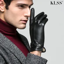 KLSS Brand Genuine Leather Men Gloves Autumn Winter Plus Velvet Thermal High Quality Goatskin Glove Touchscreen Optional 09