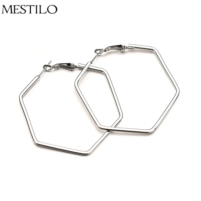 

MESTILO Exaggeration Simple Geometric Sliver Hollow Big Hexagon Hoop Earrings For Women Fashion Punk Large Earrings Jewelry 2018