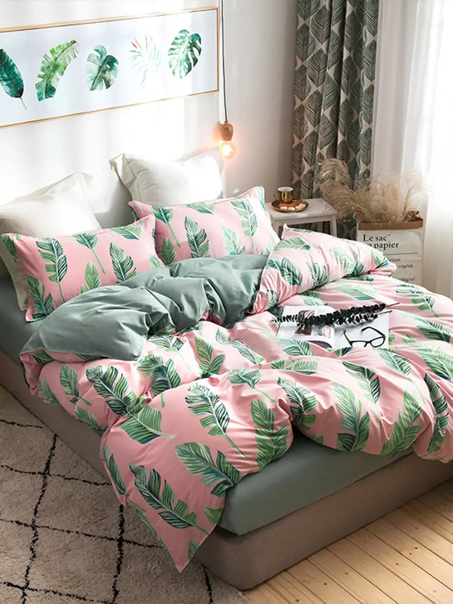 

3/4Pcs Bedding Set Leaves Pattern Color Block Durable Soft Bed Sheet Set