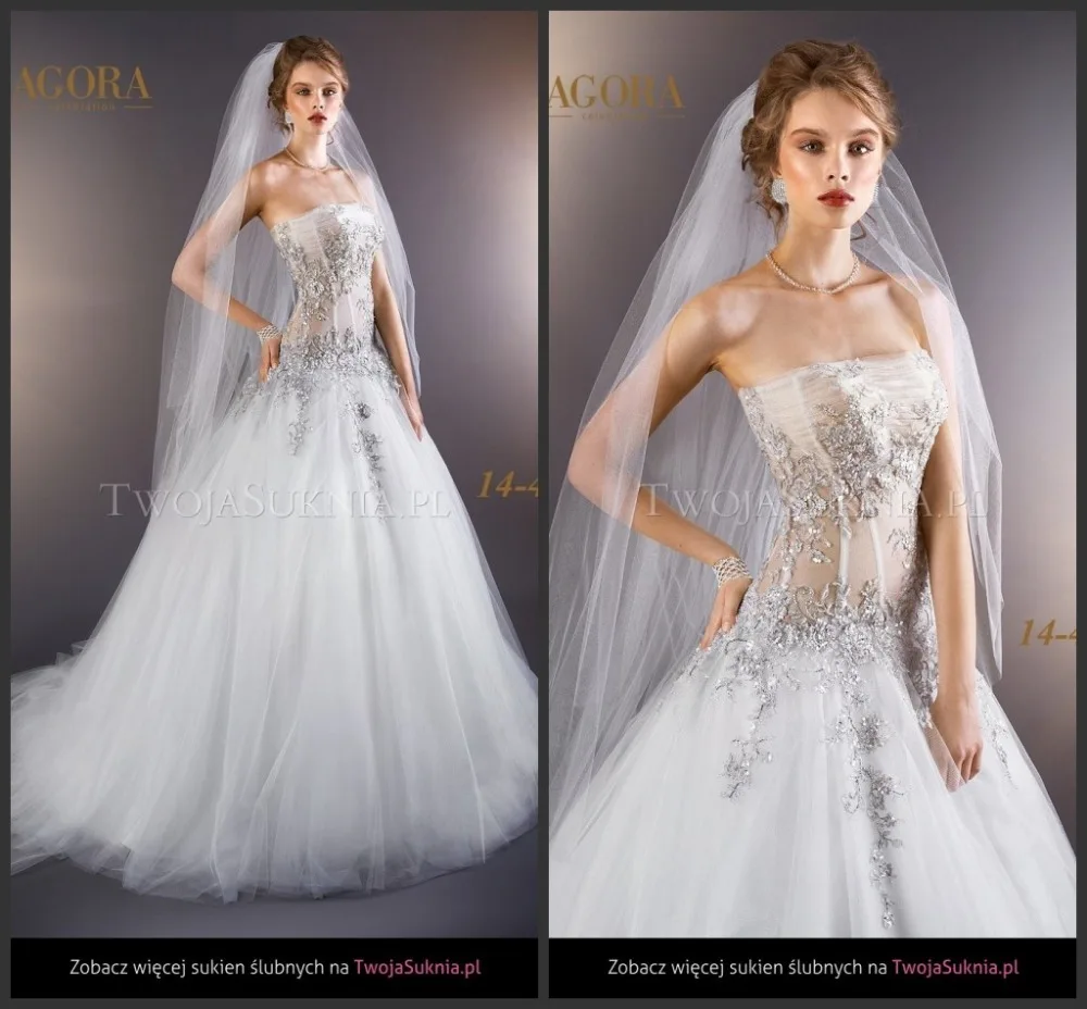 White Wedding Dresses AG1440 Beaded Silver Appliqued Drop Waist Ball Gown Tulle Sheer Corset