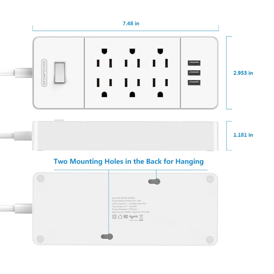 NTON power USP, Семейный Размер, 6 розеток, удлинитель питания, штепсельная вилка США, защита от перегрузки, 3 порта usb для зарядки, с 1,5 м шнуром питания