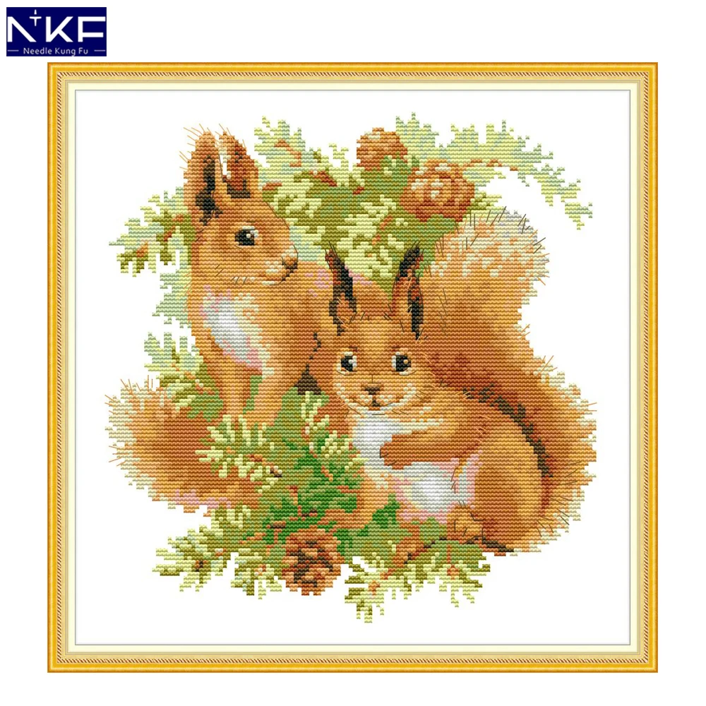 

NKF Cute Two Squirrels Stamped Cross Stitch Kits 11ct 14ct Embroidery Set Chrinese Counted Cross Stitch Pattern for Home Decor