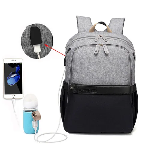 Большой емкости пеленки мешок USB детские подгузники мешок водонепроницаемый мумия рюкзак папы Повседневная сумка для ноутбука перезаряжаемый держатель - Цвет: Gray
