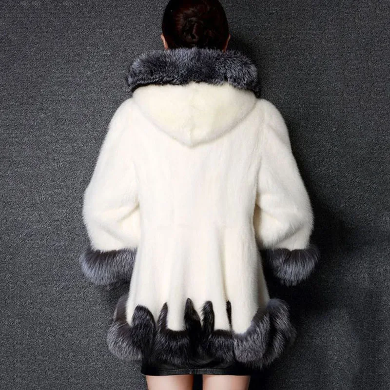 Женская Шуба из искусственного меха, воротник из лисьего меха, с капюшоном, норковая белая и черная шуба, пальто средней длины, зимнее пальто