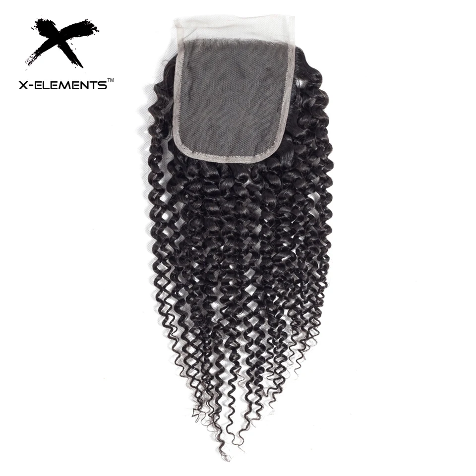 

X-Elements 4*4 Lace Closure Non-Remy Kinky Curly Hair Weaves Peruvian Human Hair Extensions Natural Color