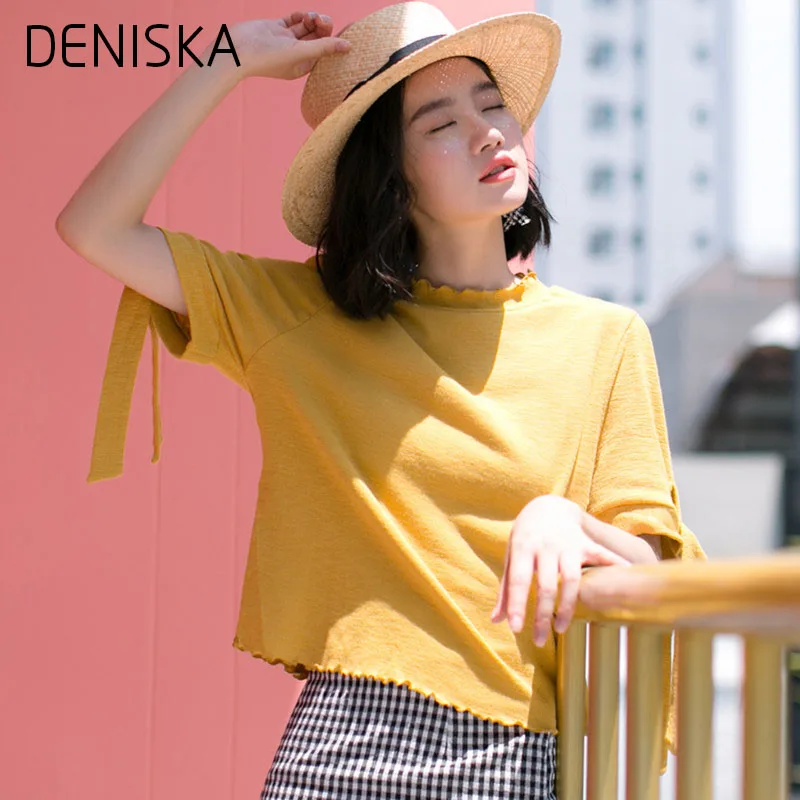 DENISKA Летние Женщины Футболки Корейской Небольшой Свежий Сплошной Цвет шнуровке