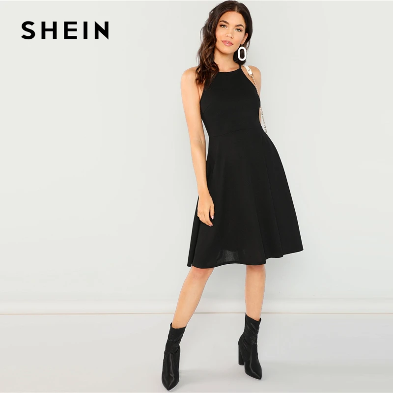 

SHEIN Going Out Black Modern Lady Fit Flare Solid Halter Knee Length Sleeveless Dress Women Autumn Plain Party Dress