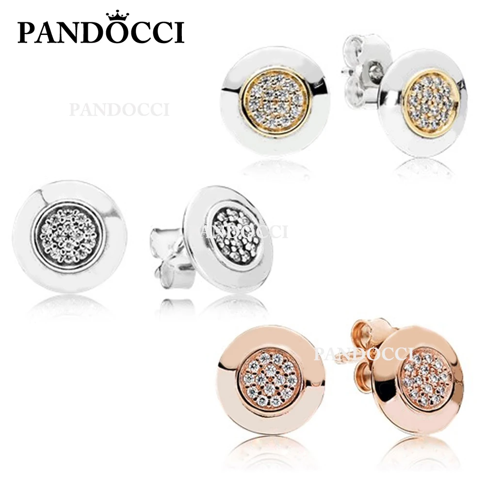 

PANDOCCI 100% 925 Sterling Silver & 14 Gold Color Round Stud Earring Rose Gold zircon Original Autograph Earring DIY Wholesale
