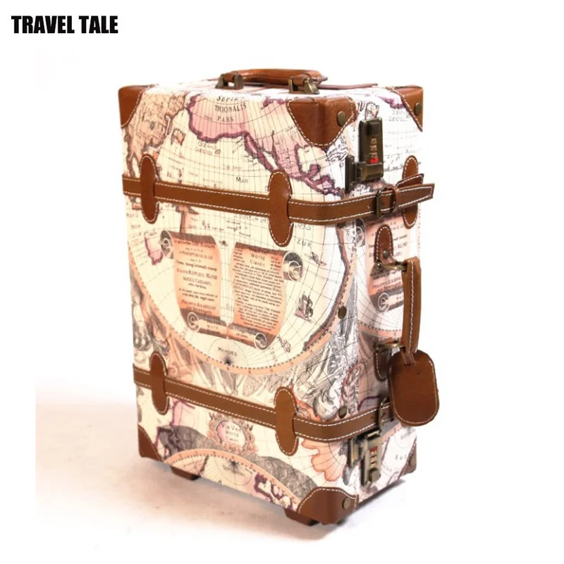 

TRAVEL TALE women retro map travel trolley leather vintage rolling luggage bag on wheel