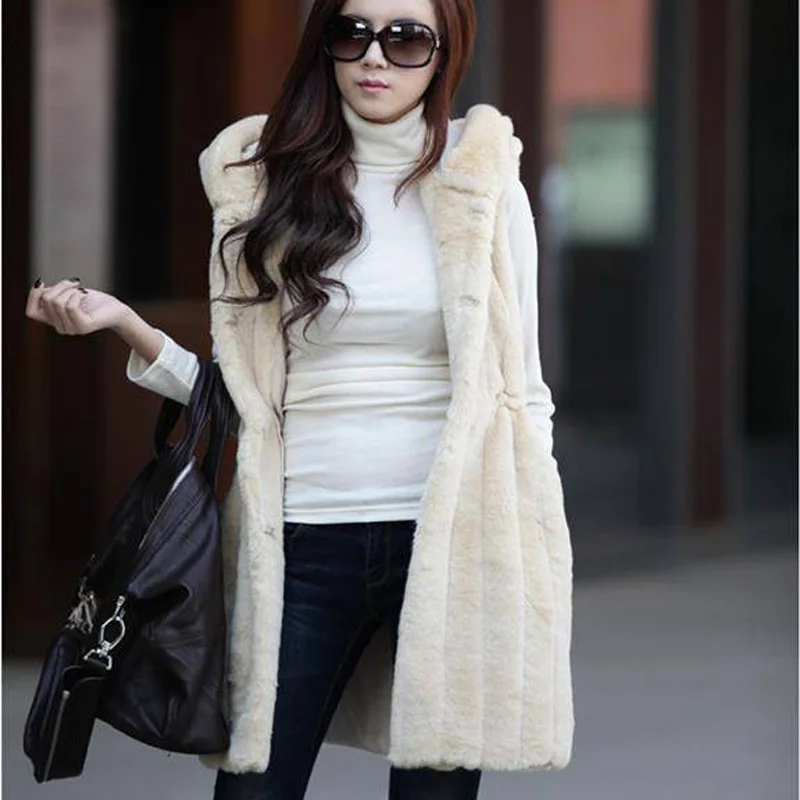 6XL леди искусственный мех теплый зимний жилет пальто с мехом верхняя одежда теплая Женская куртка длинный меховой жилет топы DX343 - Цвет: Бежевый
