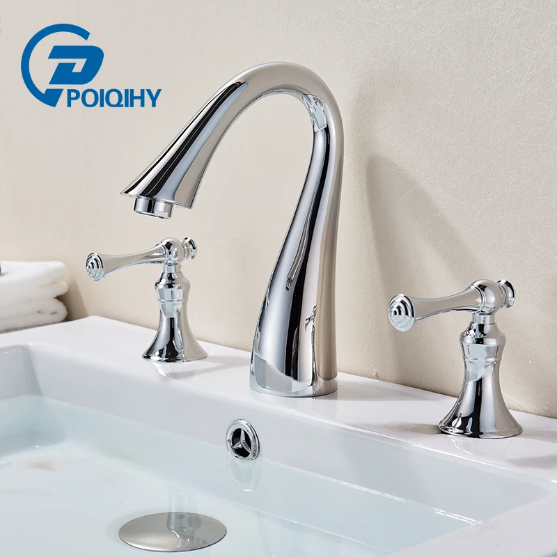 

POIQIHY Polished Chrome 3pcs Bathtub Mixer Faucet Dual Handle 3 Holes Tub Faucet Taps Widespread Deck Mounted