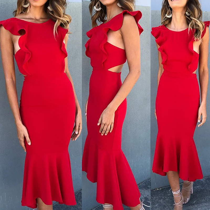 Sexy Women's Strappy Backless Dresses Female Sleeveless Ruffles Dress Fashion Vestidos Frill Hem Mid-Calf Long Mermaid Dress