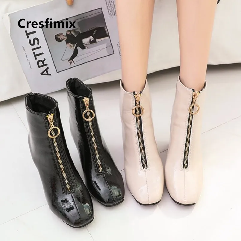 Koop Cresfimix vrouwen leuke comfortabele rits hoge hak laarzen dame toevallige zwarte pu lederen laarzen vrouwelijke koele beige schoenen a3030