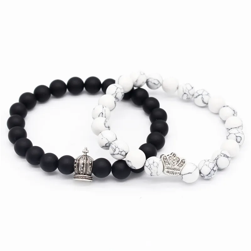 Poshfeel King & Queen Crown Bracelets for Lovers 8mm Black/white Stone Beads Couple Bracelets & Bangles MBR180110 Poshfeel King & Queen Crown Bracelets for Lovers 8mm Black/white Stone Beads Couple Bracelets & Bangles MBR180110