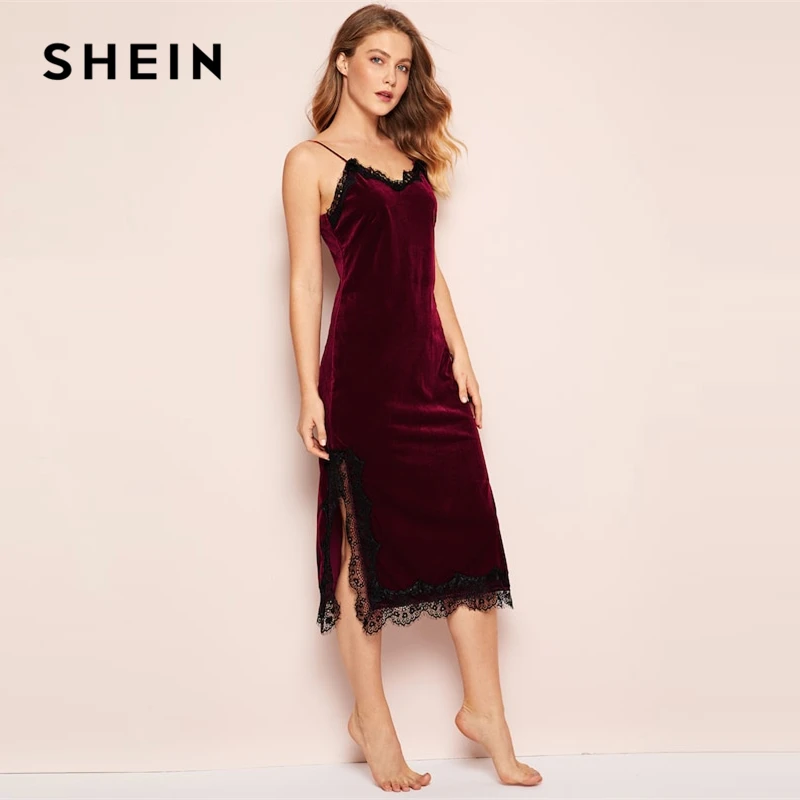 SHEIN Ночная Рубашка С Кружевной Отделкой Длинная Бархатная Женская Элегантная