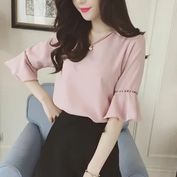 

Summer Flare Sleeve Chiffon Blouse Shirt Women Tops Work Wear Office Blusa Feminina Shirts Hollow Out Blouses