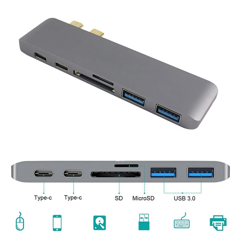 6 в 1 двойной тип C usb-хаб адаптер кард-ридер/Usb 3,0/тип-c зарядный концентратор конвертер для Macbook Pro Mac Pc ноутбук