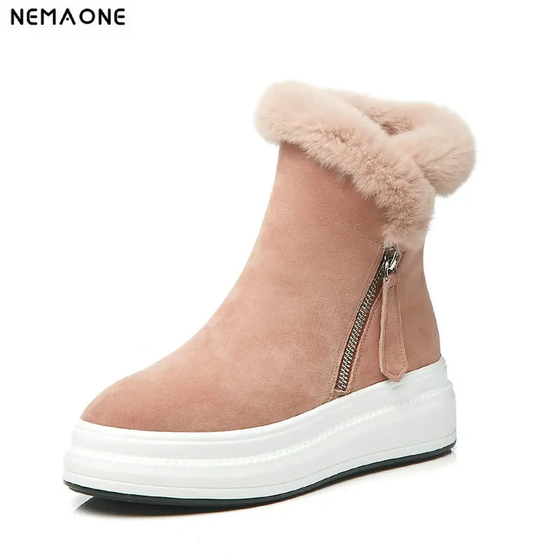 

NemaoNe Genuin Leather Ankel Snow Boots Platform 2018 Autumn Winter New Retro Female Casual Shoes Suede Plush Fur Snow Boots