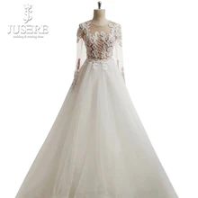 Jewel Neck Illusion Bodice Appliques Grid Beads Zipper up Bottons Back A line Tulle Skin Tone Long Sleeves Wedding Dress 2018