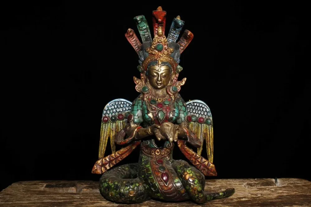 

Old Tibet Buddhism handmade pure copper inlaid Semi-precious stones turquoise Nagarjuna bodhisattva sculpture
