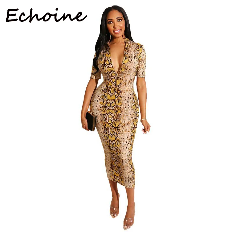 

Echoine Sexy Snake Print Maxi Dress Bodycon Long Dress Zipper V-neck Short Sleeve Bodycon Dresses Woman Party Night