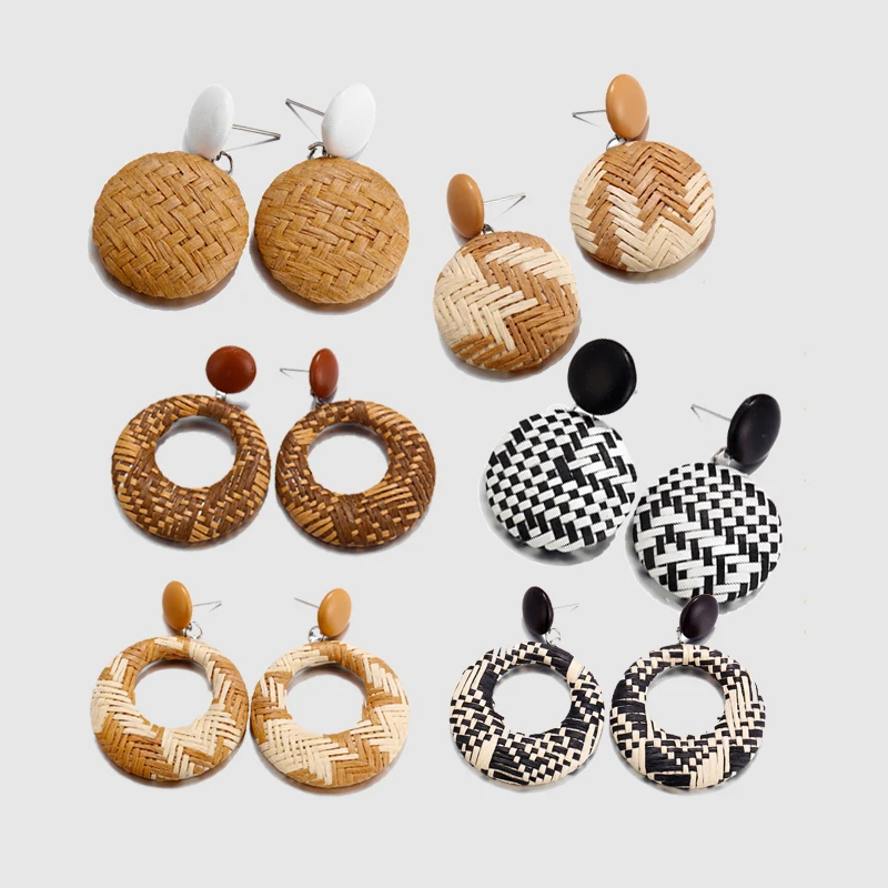 

New Korean Handmade Wooden Straw Rattan Geometric Drop Earrings Fashion Boho Woven Bamboo Wicker Statement Earrings for Women