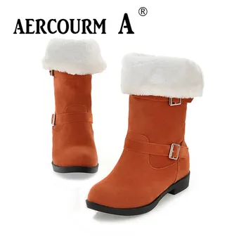 

Aercourm A Women Turned-over Ankle Boots Waterproof Solid Color Boots Winter Zipper Boots Flat Metal Button Plush Winter Shoes