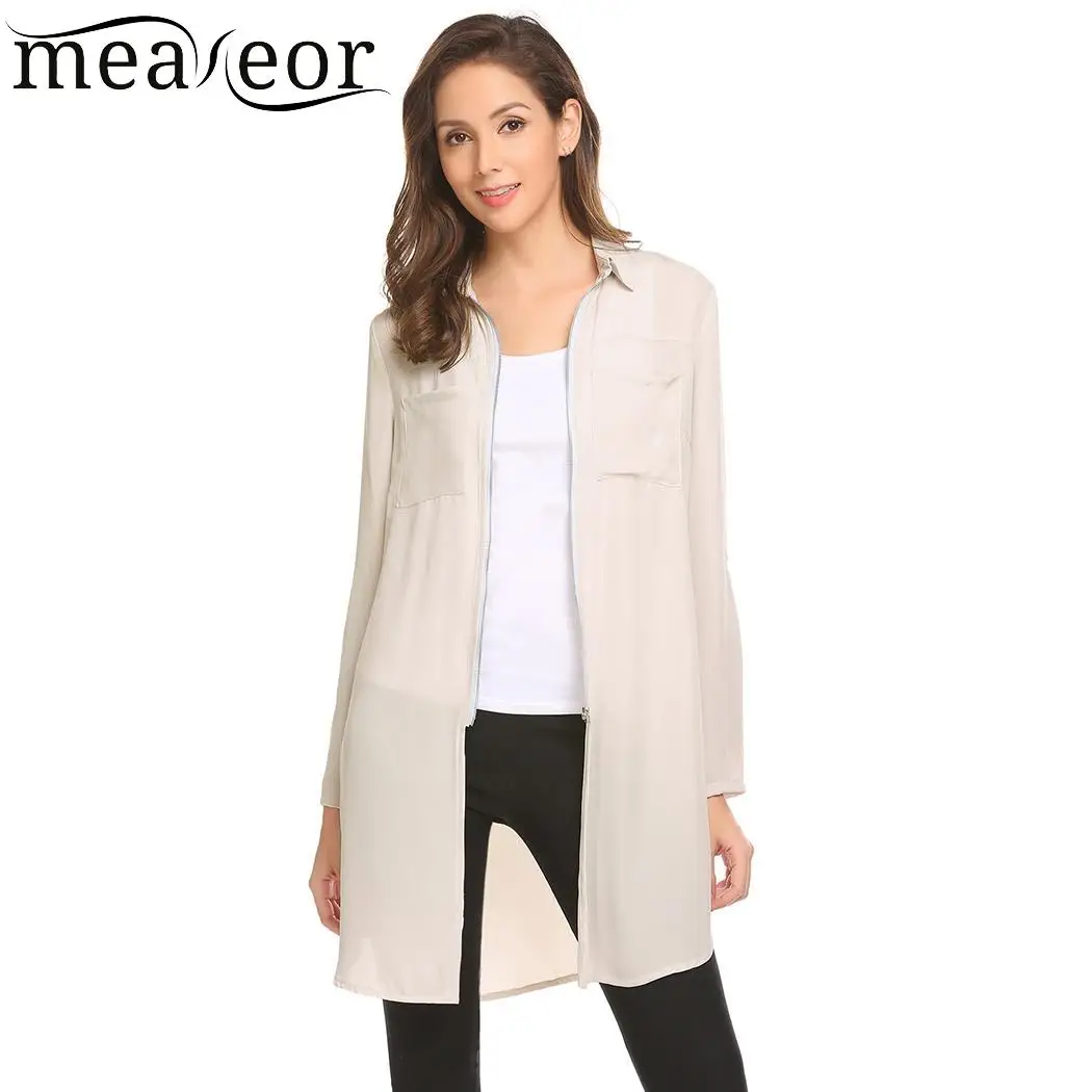 Meaneor Hem Long Sleeve Chiffon Women Blouses Zipper Open